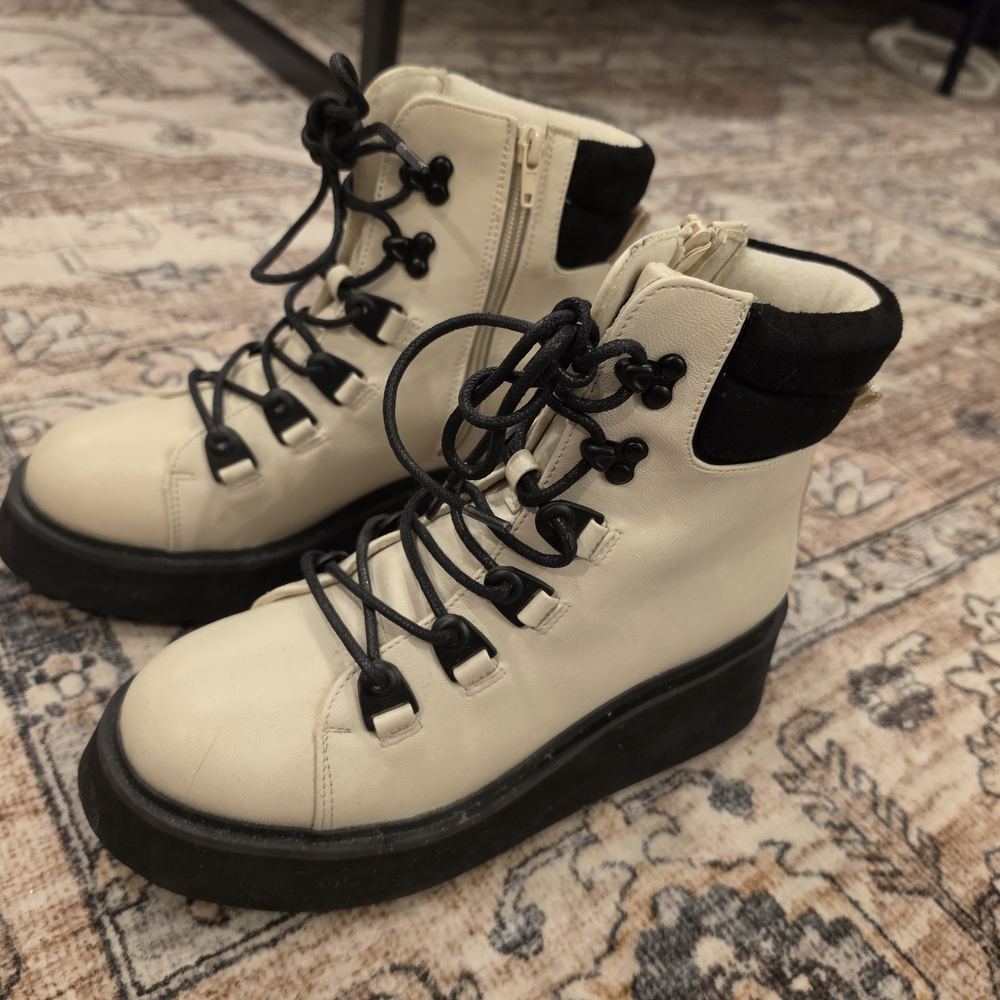 Rocket Dog Cream Lace-Up Platform Ankle Boots with Black Trim